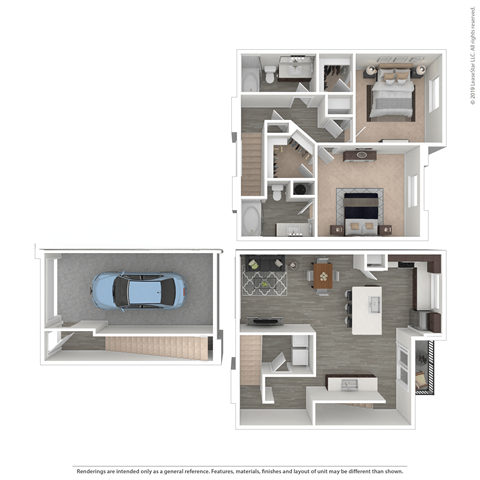 A floor plan of a house with a garage and a car.